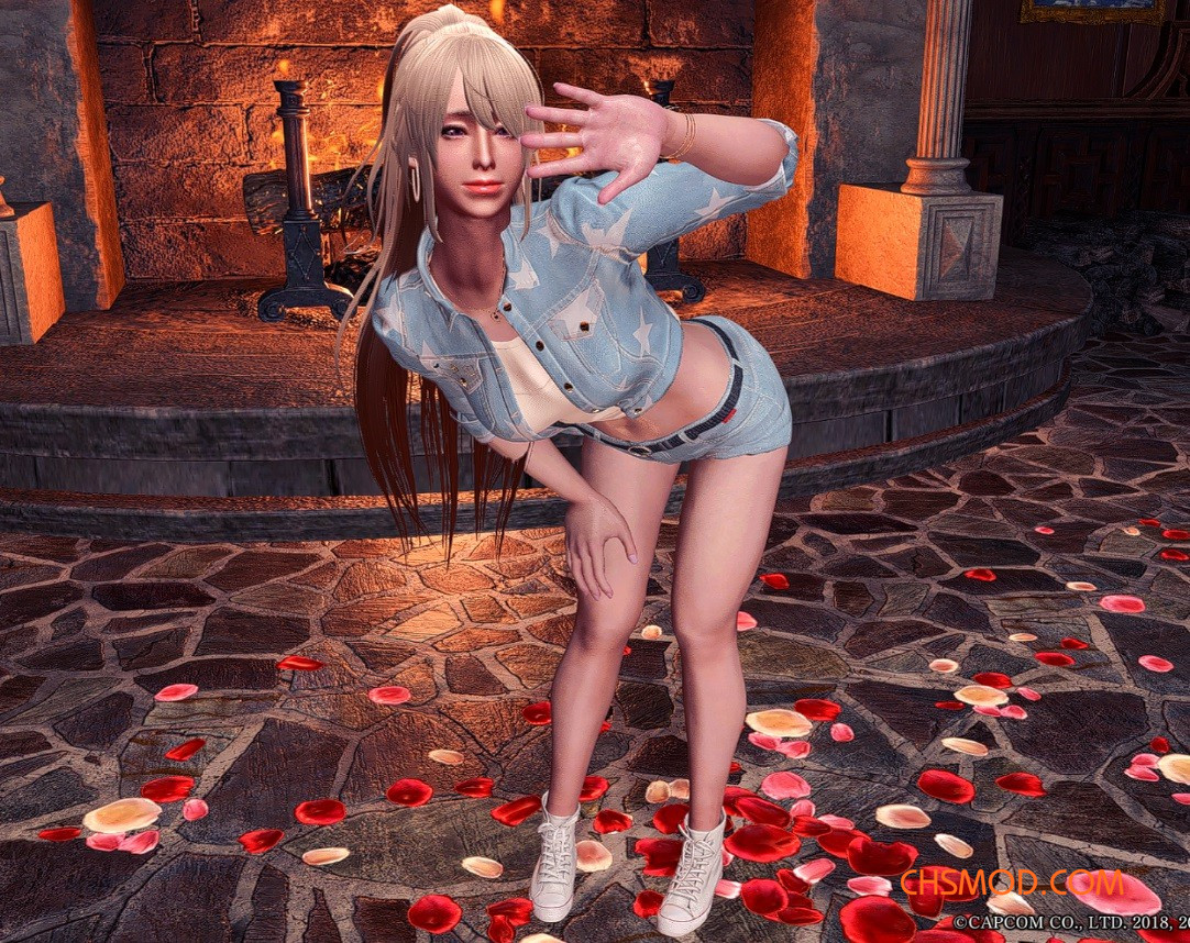 《怪物猎人：世界》淡蓝色露脐牛仔服MOD